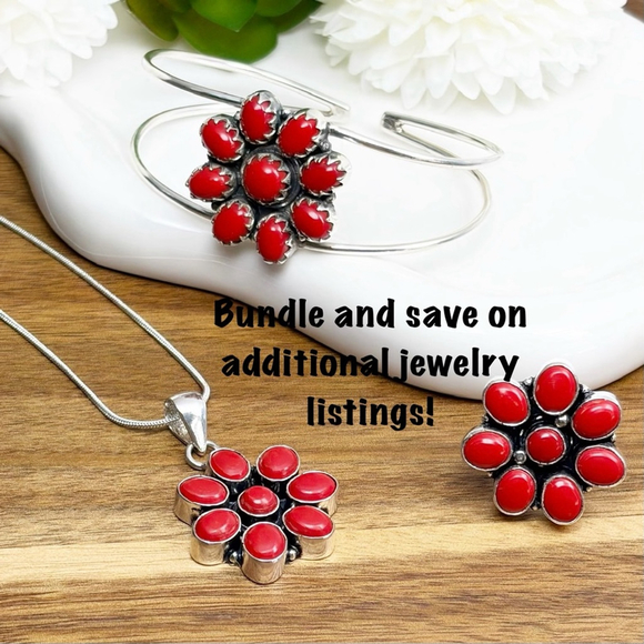 Red Coral Ring Size 7 Sterling Silver 925 Flower Cluster Gemstones Ring - Picture 9 of 9